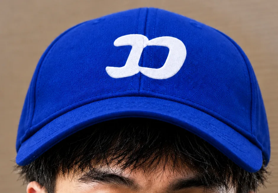 Close-up of the signature royal blue FOMOCHI cap